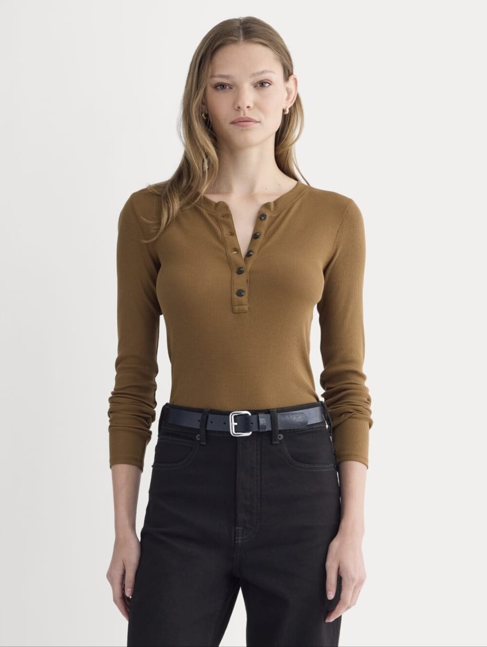 NWOT Everlane Luxe Ribbed Henley Longsleeve in Toffee - Size XS